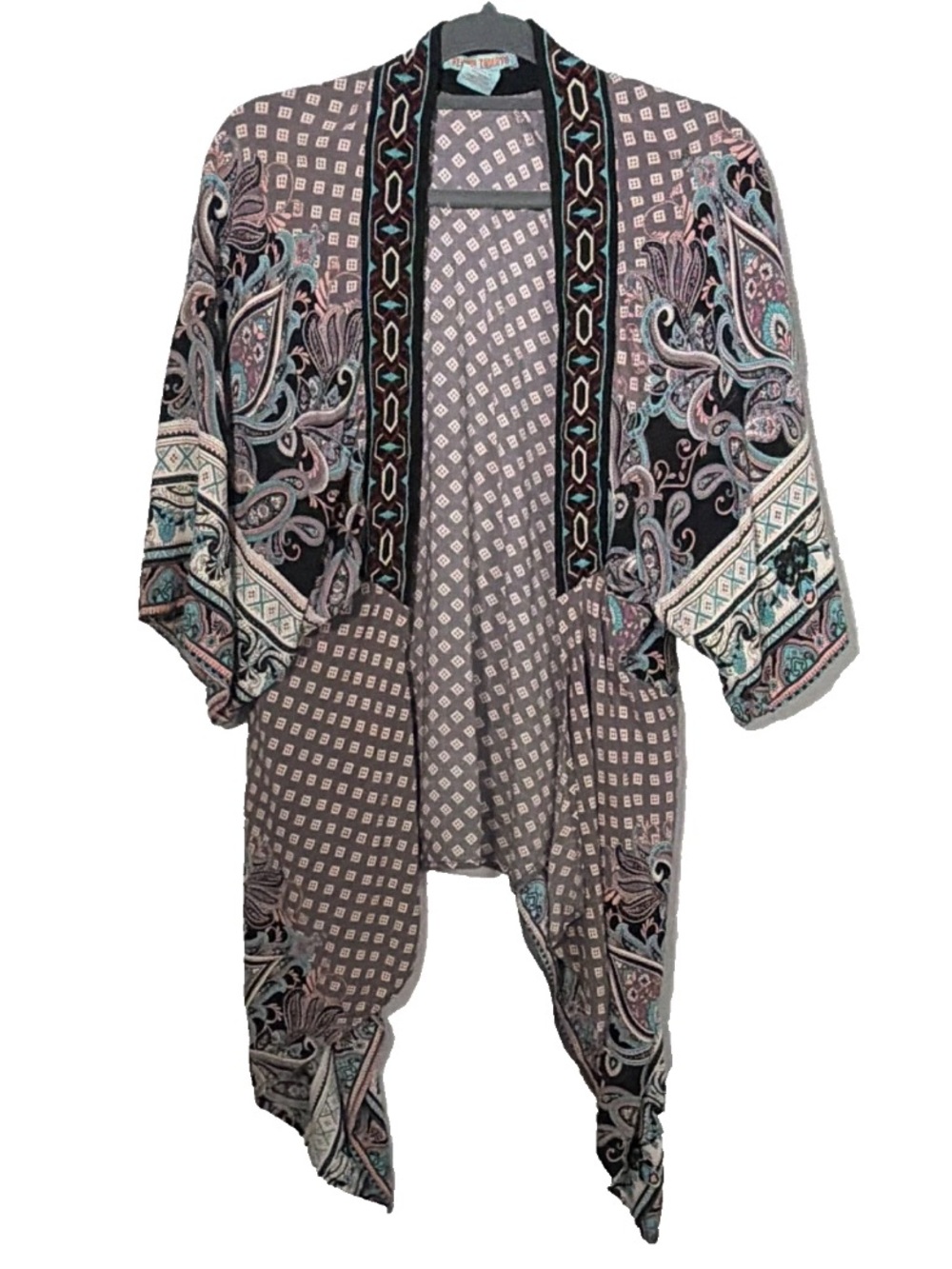 Flying Tomato Paisley Pink & Teal Open Front 3/4 Flare Sleeve Rayon Kimono Sz XS
